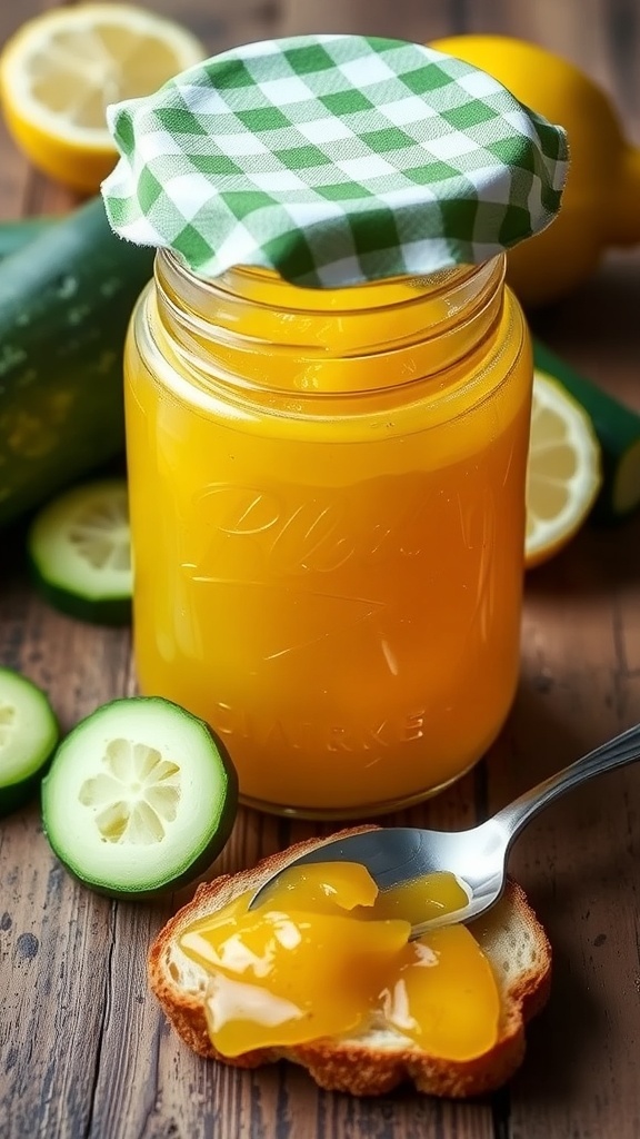 A jar of zucchini jam with fresh zucchini and lemon slices on a wooden table.